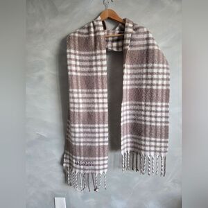 Victoria's Secret Pink Taupe Cream Plaid Scarf Fringe OS Wide Long 90x12